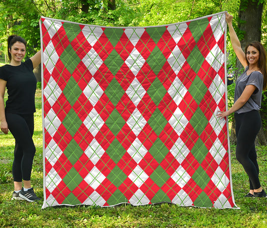 White Green And Red Argyle Pattern Print Quilt
