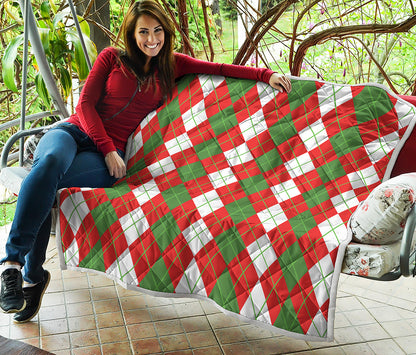 White Green And Red Argyle Pattern Print Quilt