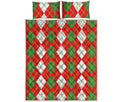 White Green And Red Argyle Pattern Print Quilt Bed Set
