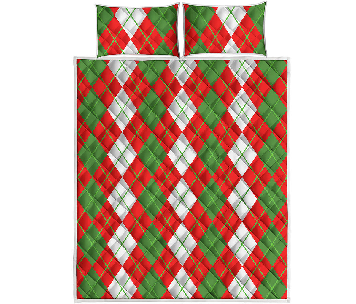 White Green And Red Argyle Pattern Print Quilt Bed Set