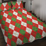 White Green And Red Argyle Pattern Print Quilt Bed Set