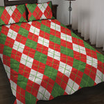 White Green And Red Argyle Pattern Print Quilt Bed Set