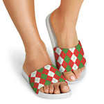 White Green And Red Argyle Pattern Print White Slide Sandals
