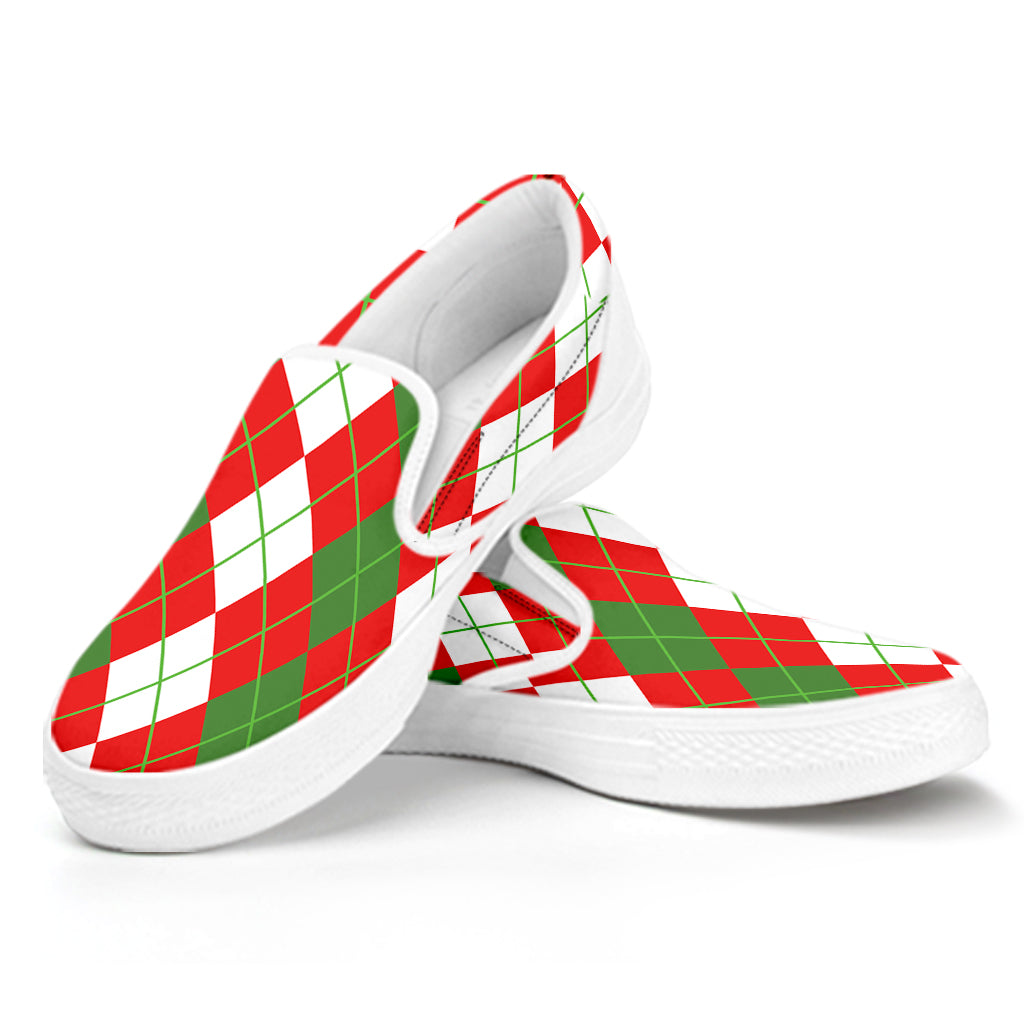 White Green And Red Argyle Pattern Print White Slip On Shoes