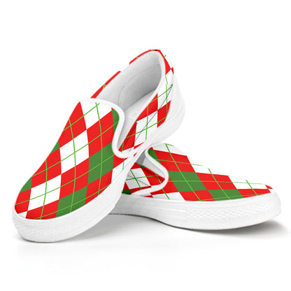 White Green And Red Argyle Pattern Print White Slip On Shoes