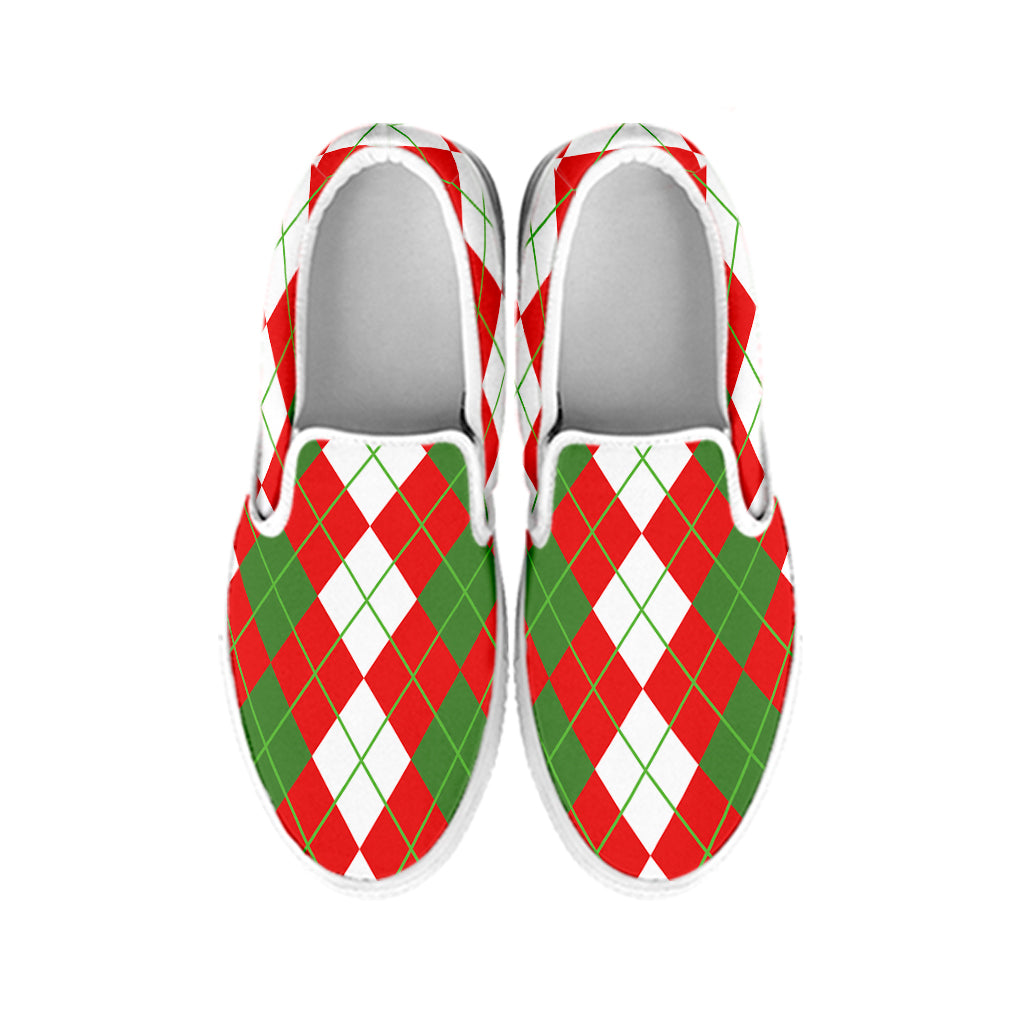 White Green And Red Argyle Pattern Print White Slip On Shoes