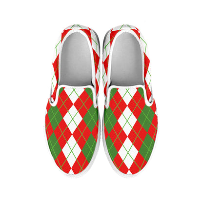 White Green And Red Argyle Pattern Print White Slip On Shoes