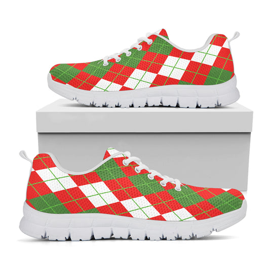 White Green And Red Argyle Pattern Print White Sneakers
