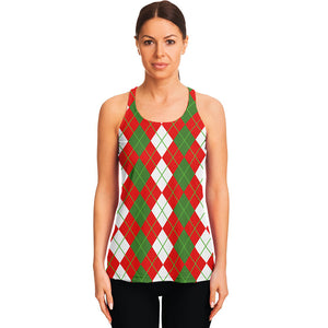 White Green And Red Argyle Pattern Print Women's Racerback Tank Top