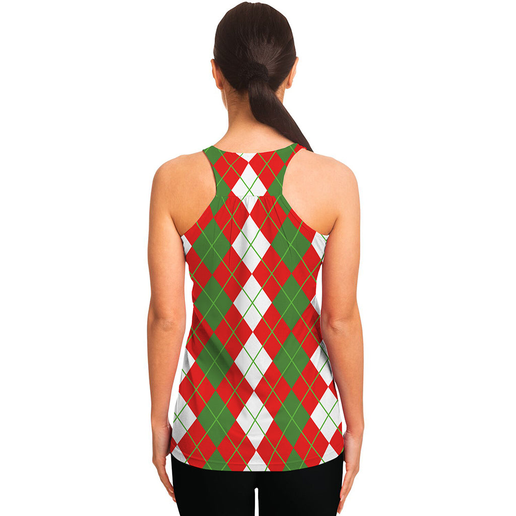 White Green And Red Argyle Pattern Print Women's Racerback Tank Top