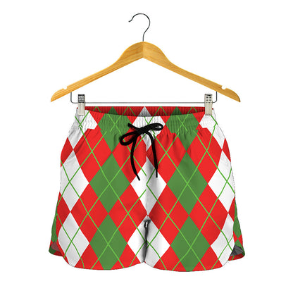 White Green And Red Argyle Pattern Print Women's Shorts