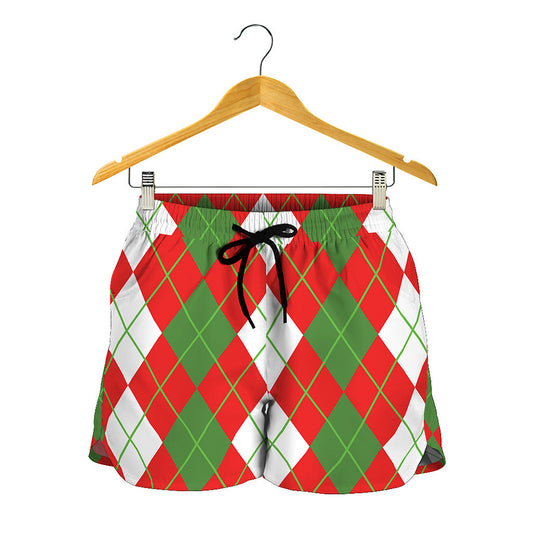 White Green And Red Argyle Pattern Print Women's Shorts