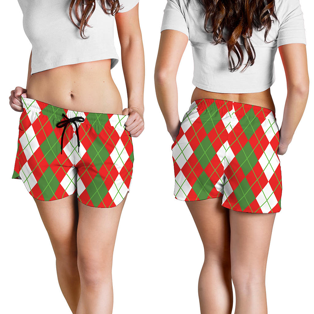 White Green And Red Argyle Pattern Print Women's Shorts