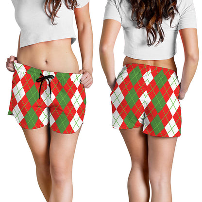 White Green And Red Argyle Pattern Print Women's Shorts