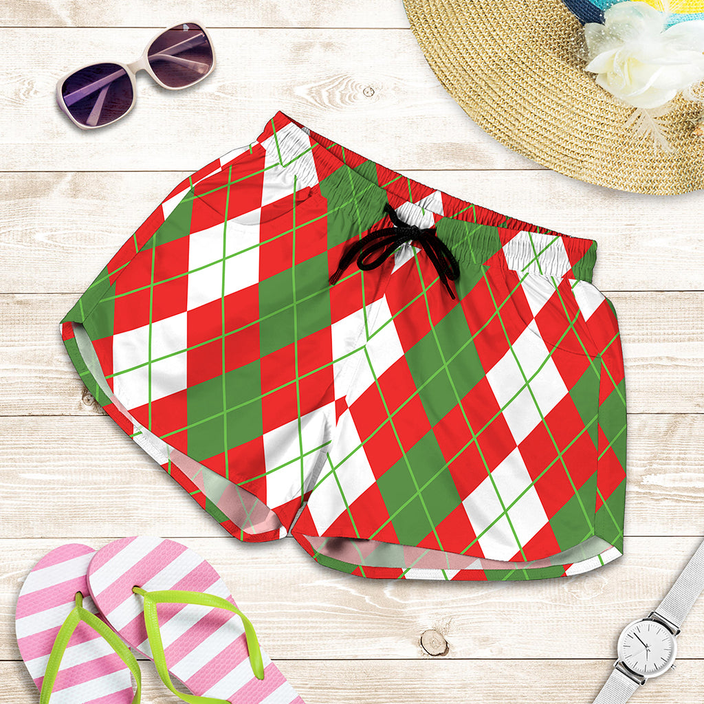 White Green And Red Argyle Pattern Print Women's Shorts