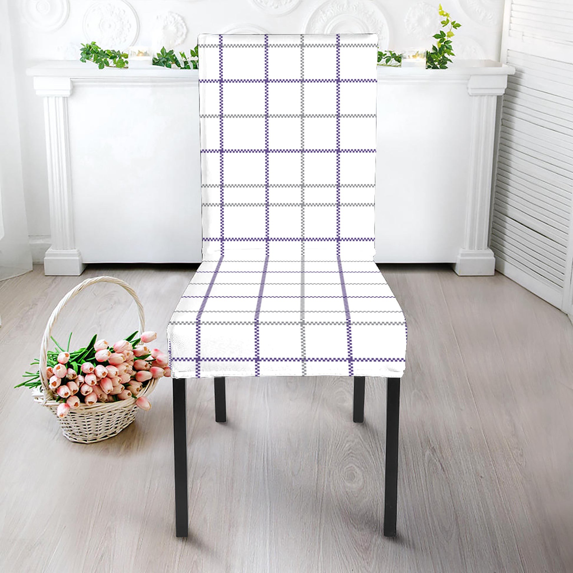 White Grey And Purple Tattersall Print Dining Chair Slipcover