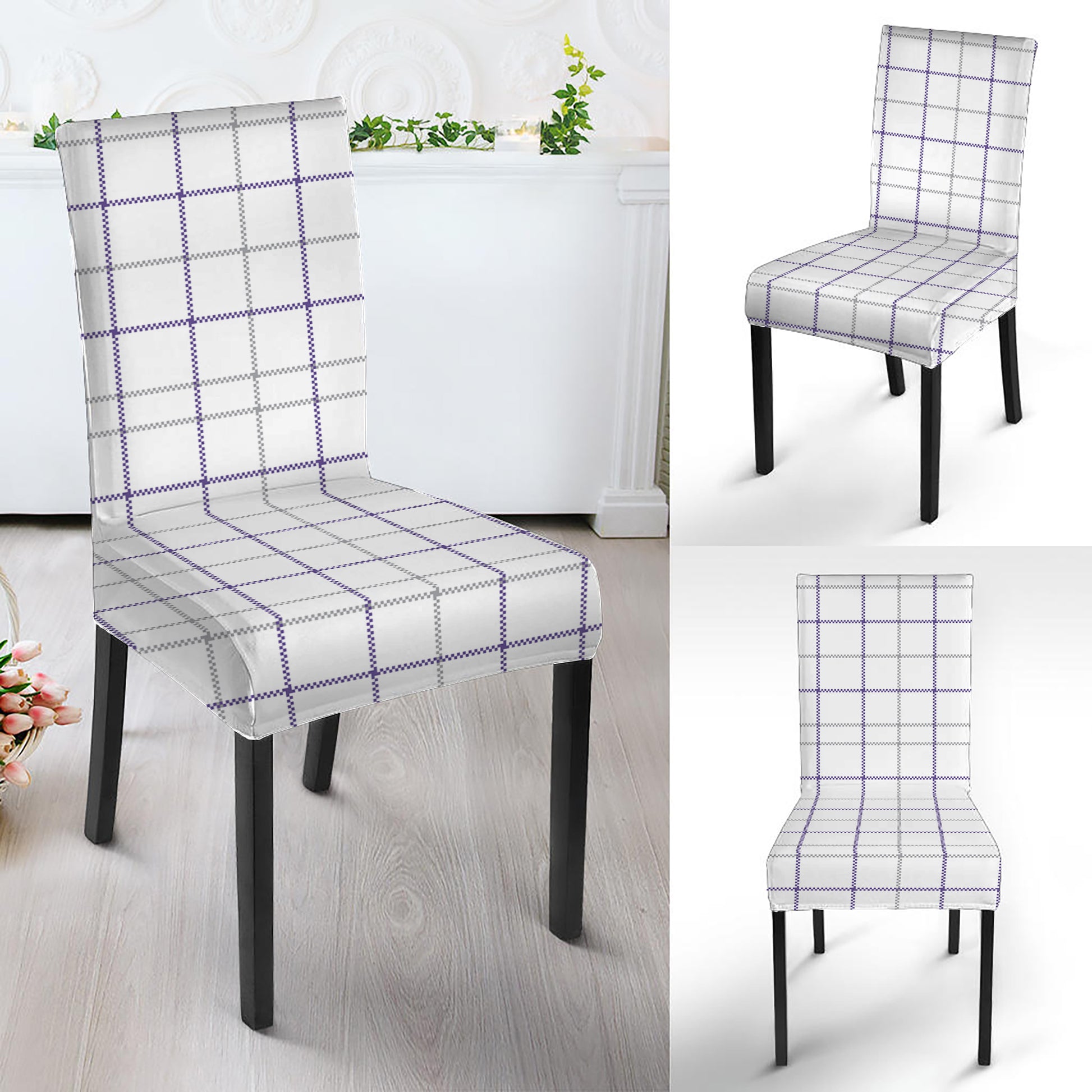 White Grey And Purple Tattersall Print Dining Chair Slipcover