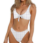 White Grey And Purple Tattersall Print Front Bow Tie Bikini