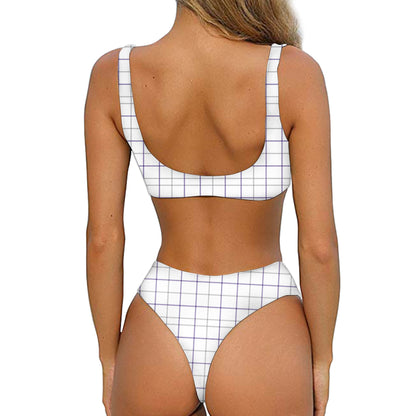 White Grey And Purple Tattersall Print Front Bow Tie Bikini