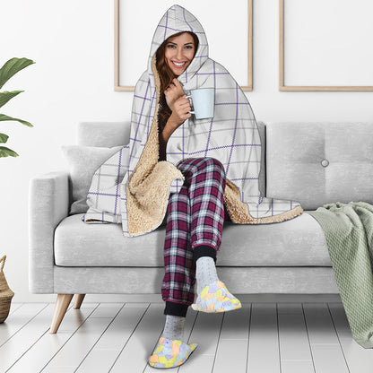 White Grey And Purple Tattersall Print Hooded Blanket