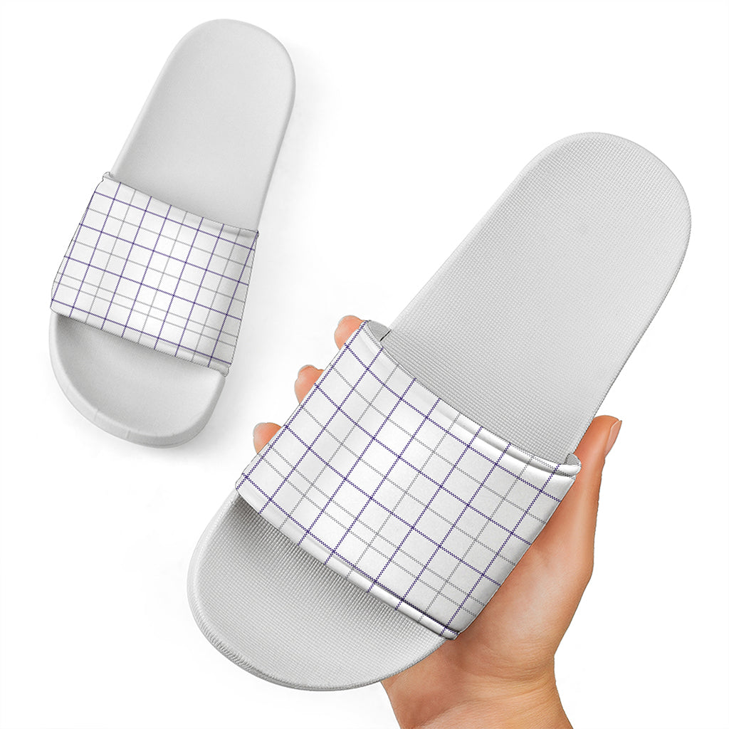 White Grey And Purple Tattersall Print White Slide Sandals