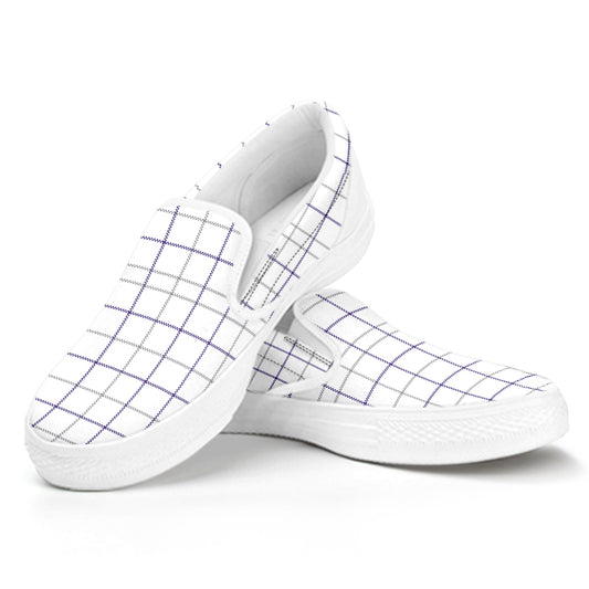 White Grey And Purple Tattersall Print White Slip On Shoes