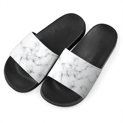 White Grey Smoke Marble Print Black Slide Sandals