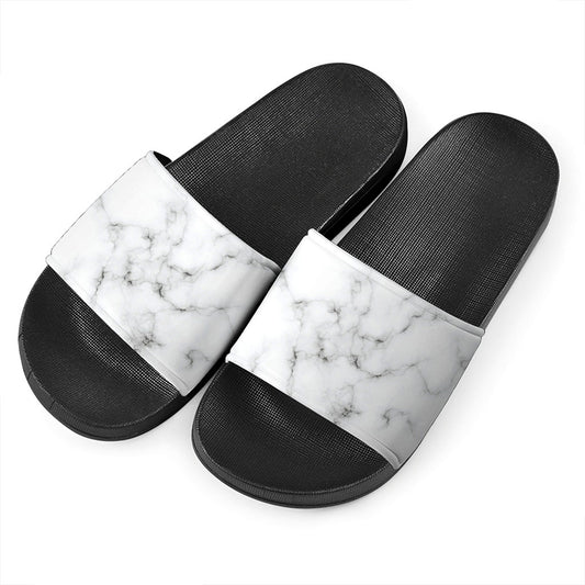 White Grey Smoke Marble Print Black Slide Sandals