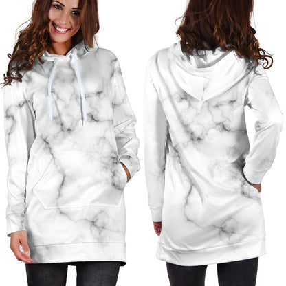 White Grey Smoke Marble Print Hoodie Dress GearFrost