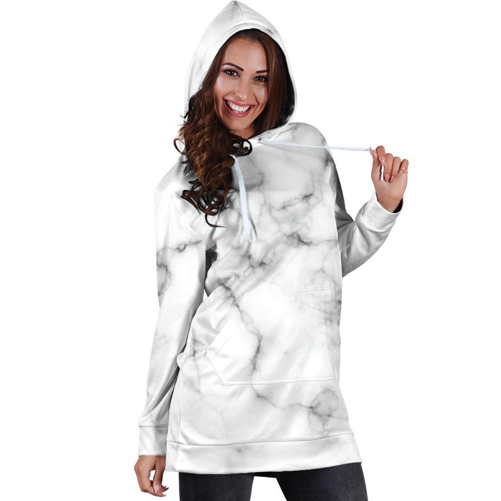 White Grey Smoke Marble Print Hoodie Dress GearFrost