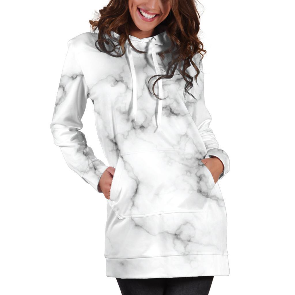 White Grey Smoke Marble Print Hoodie Dress GearFrost