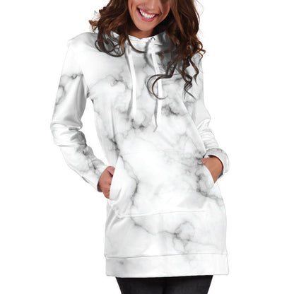 White Grey Smoke Marble Print Hoodie Dress GearFrost