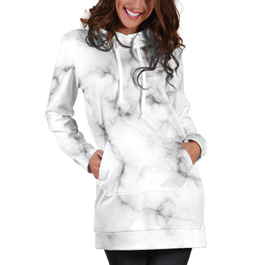White Grey Smoke Marble Print Hoodie Dress GearFrost