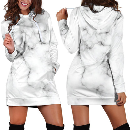White Grey Smoke Marble Print Hoodie Dress GearFrost