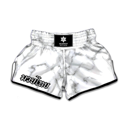 White Grey Smoke Marble Print Muay Thai Boxing Shorts