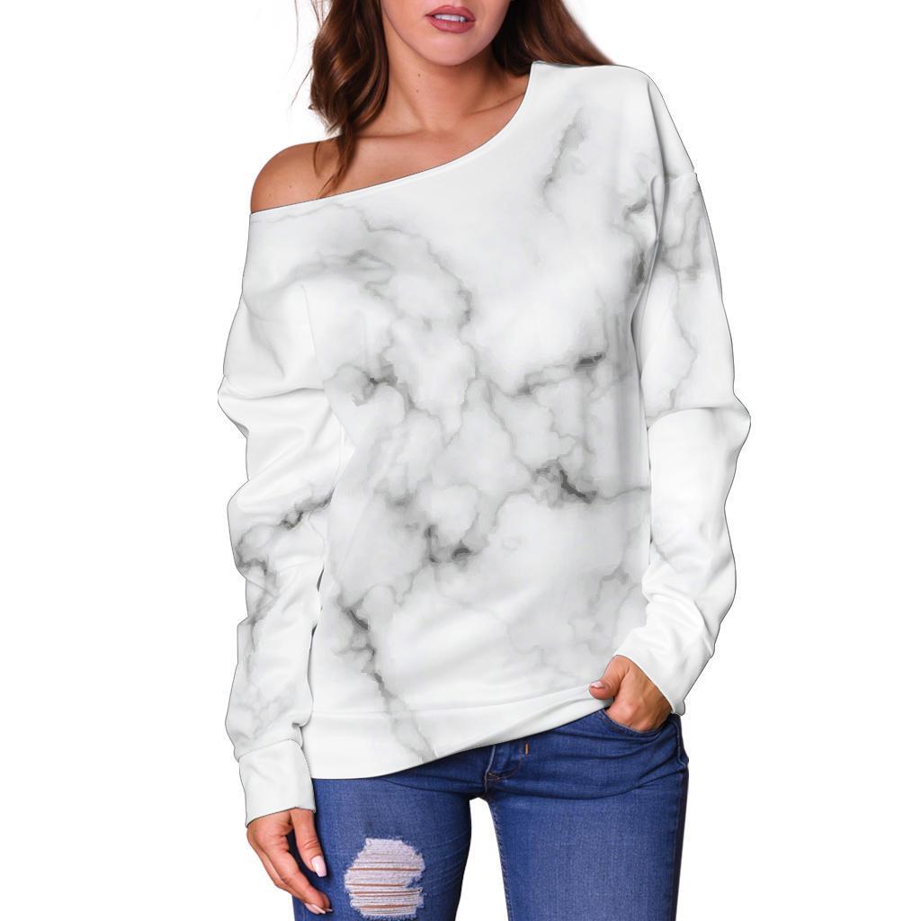 White Grey Smoke Marble Print Off Shoulder Sweatshirt GearFrost