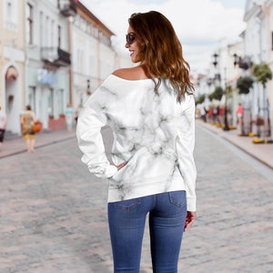 White Grey Smoke Marble Print Off Shoulder Sweatshirt GearFrost