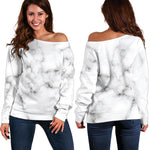 White Grey Smoke Marble Print Off Shoulder Sweatshirt GearFrost