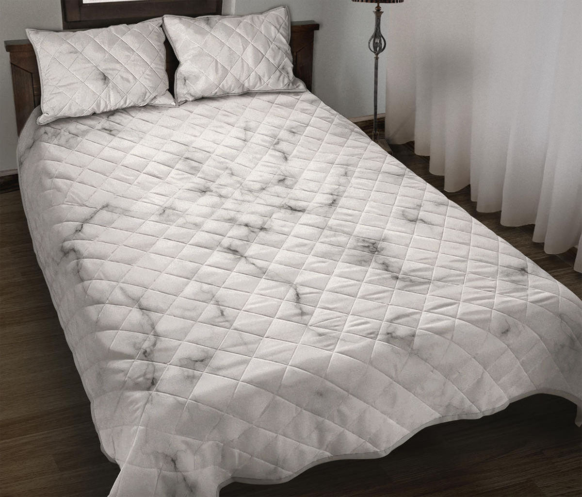White Grey Smoke Marble Print Quilt Bed Set