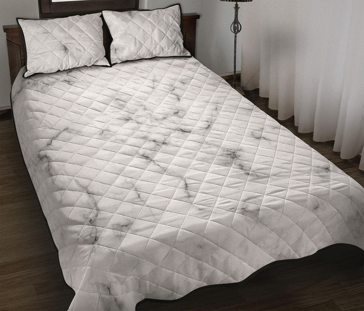 White Grey Smoke Marble Print Quilt Bed Set