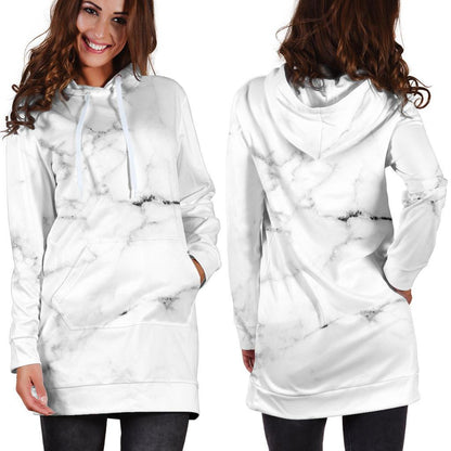 White Grunge Marble Print Hoodie Dress GearFrost