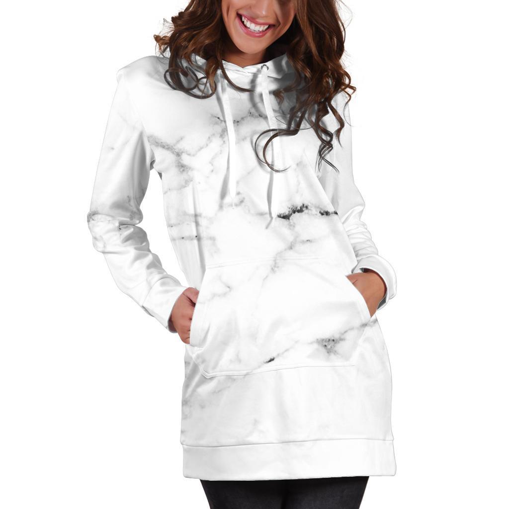 White Grunge Marble Print Hoodie Dress GearFrost