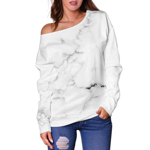 White Grunge Marble Print Off Shoulder Sweatshirt GearFrost