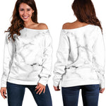 White Grunge Marble Print Off Shoulder Sweatshirt GearFrost