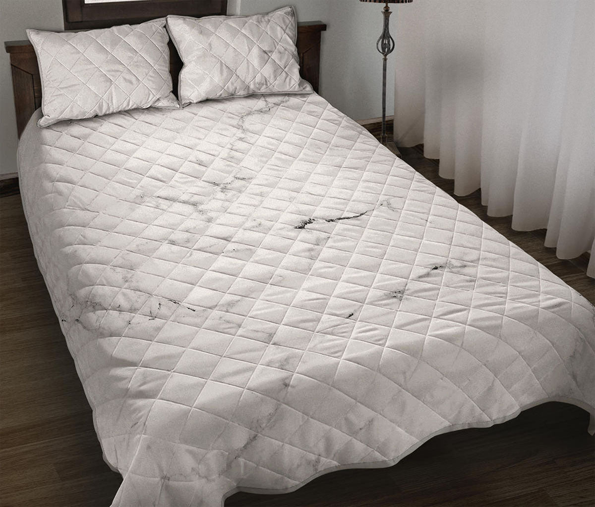 White Grunge Marble Print Quilt Bed Set