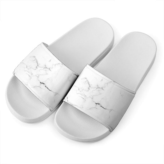 White Grunge Marble Print White Slide Sandals