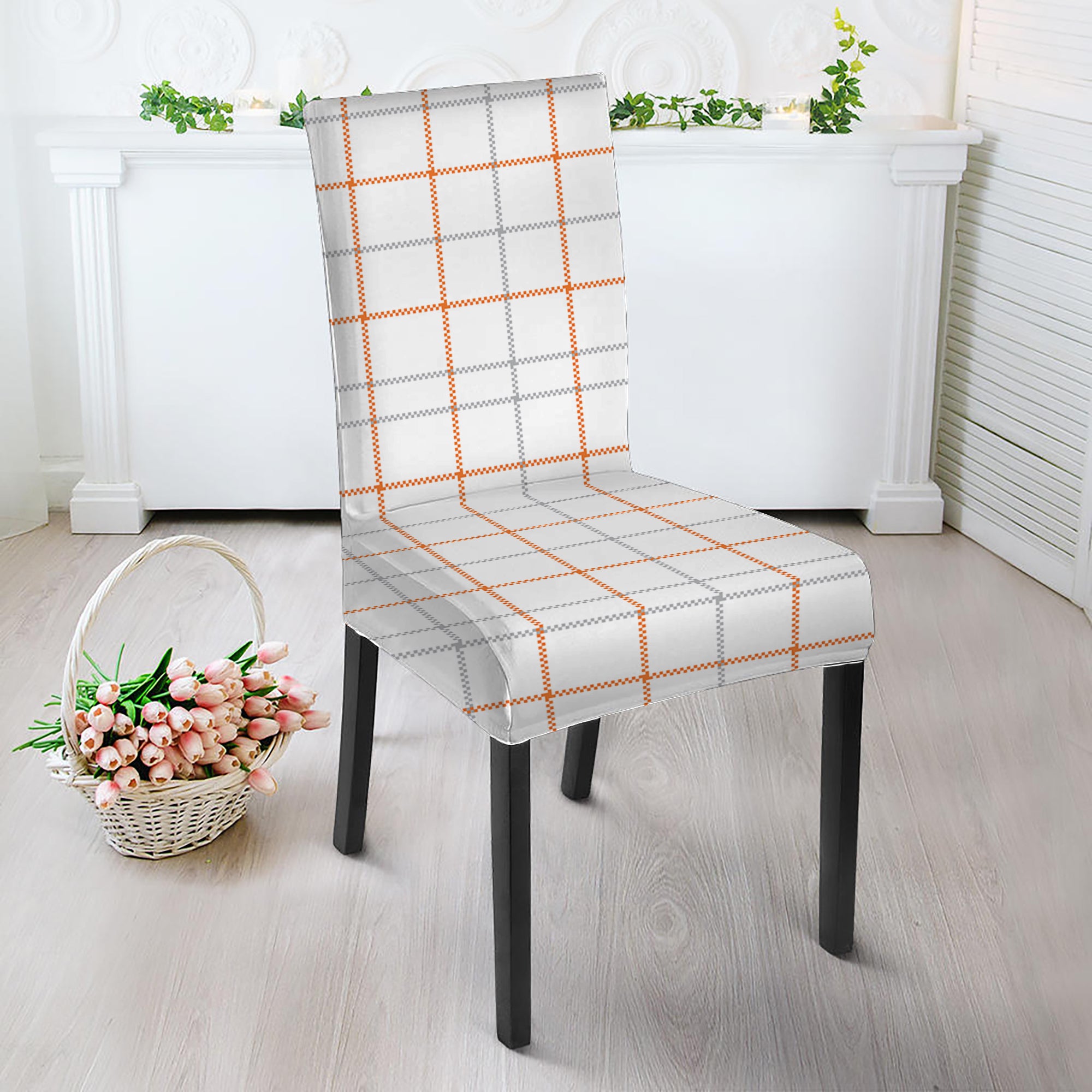 White Halloween Tattersall Pattern Print Dining Chair Slipcover