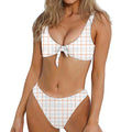 White Halloween Tattersall Pattern Print Front Bow Tie Bikini