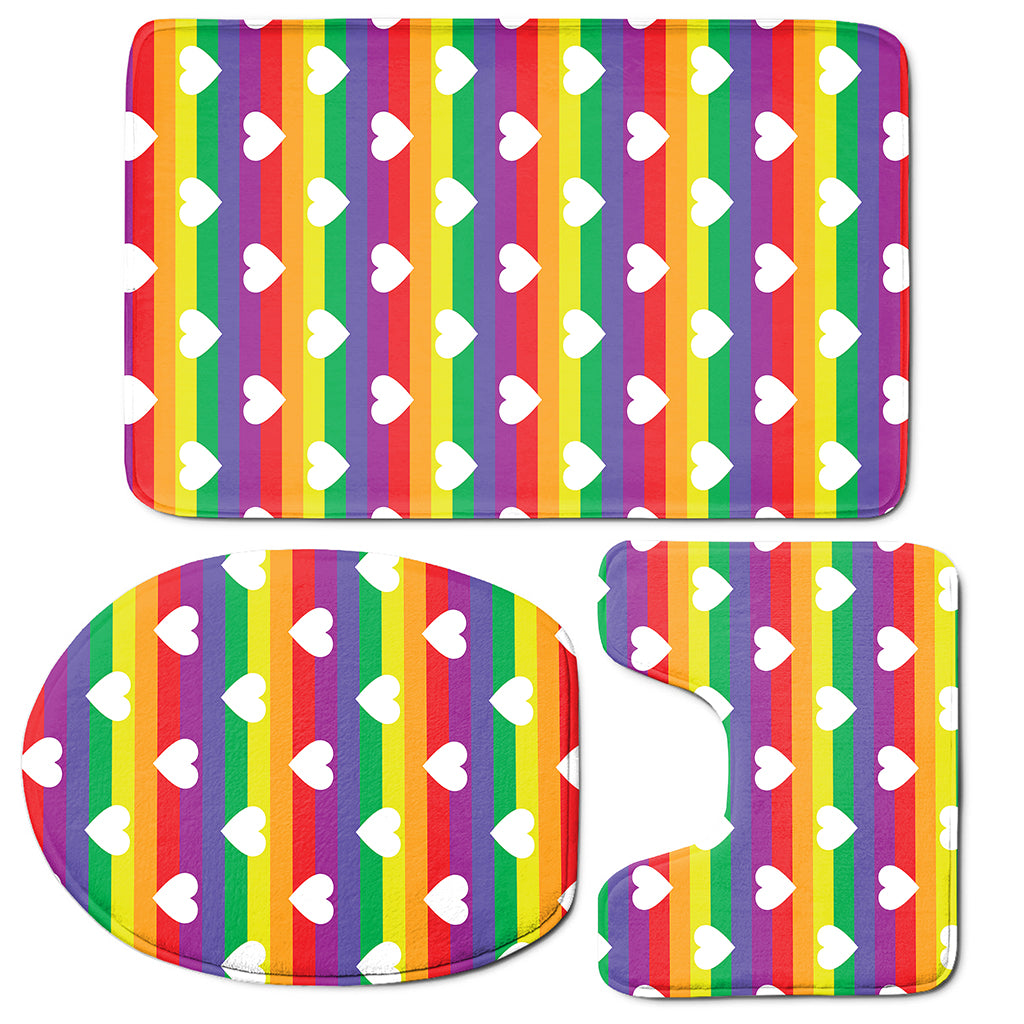 White Heart On LGBT Pride Striped Print 3 Piece Bath Mat Set