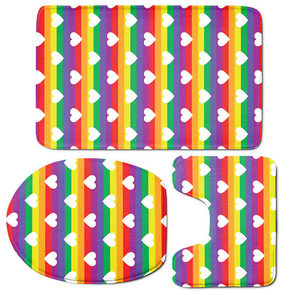White Heart On LGBT Pride Striped Print 3 Piece Bath Mat Set